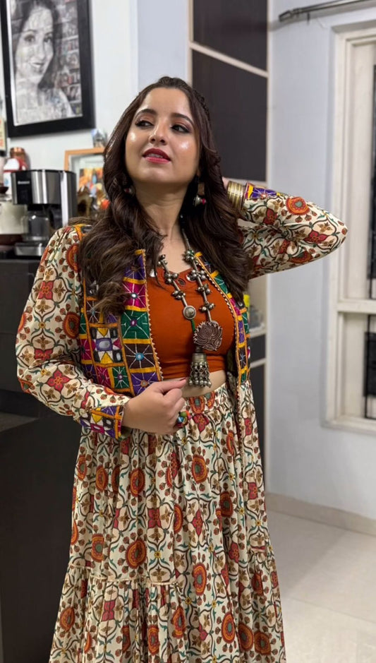 Navratri Festival Mirror Work Multi Color Lehenga Choli With Shrug