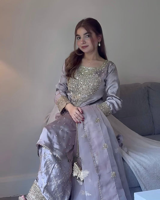 Glimmering Heavy Work Lavender Color Palazzo Suit