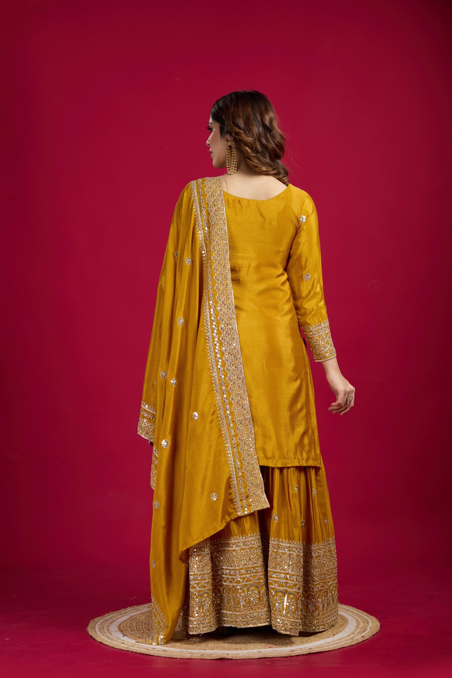 Elegant Embroidery Sequence Work Mustard Color Sharara Suit