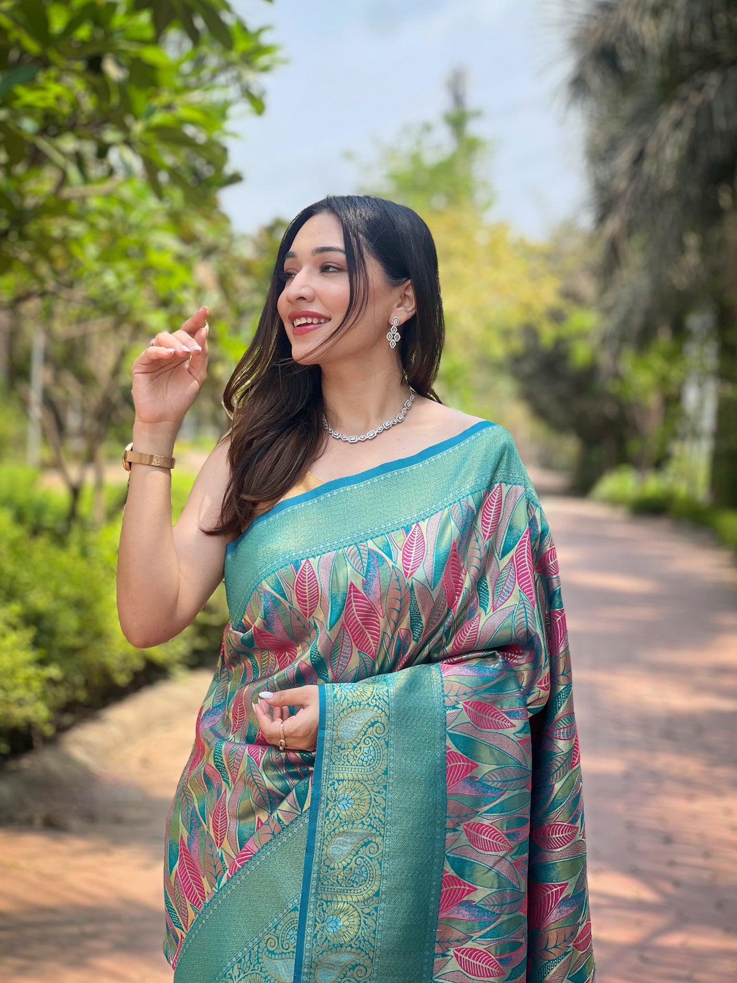 Wedding Wear Aqua Blue Beautiful Border Design Saree