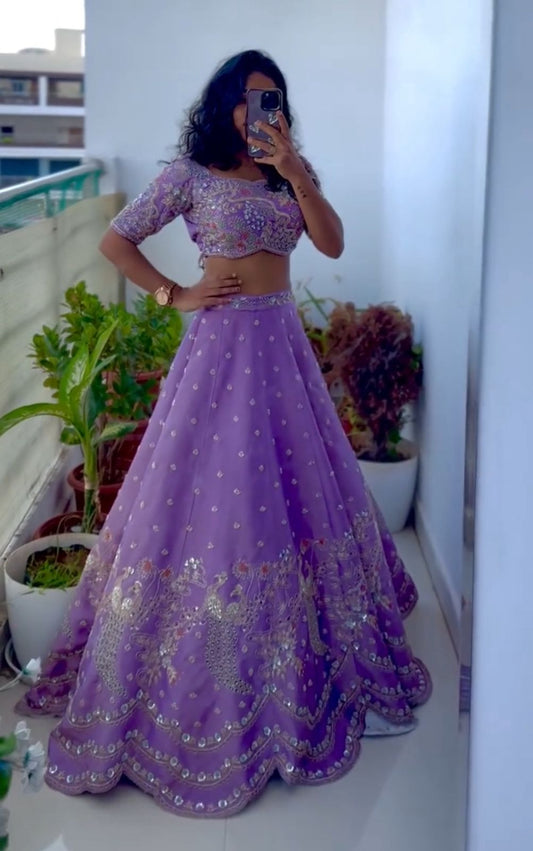 Traditional Wear Embroidery Work Lavender Color Lehenga Choli