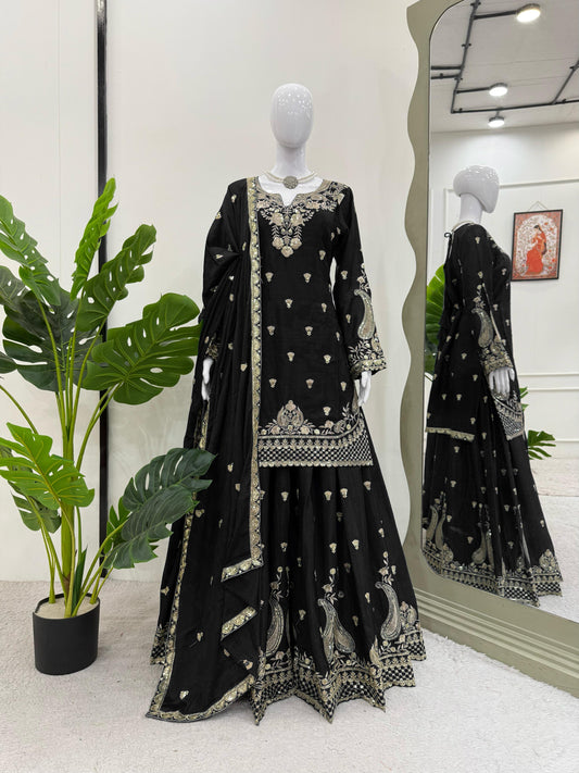 Wonderful Chinon Silk Black Color Palazzo Suit