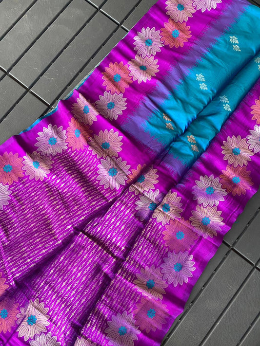 Lovely Floral Zari Weaving Border Blue Color Silk Saree