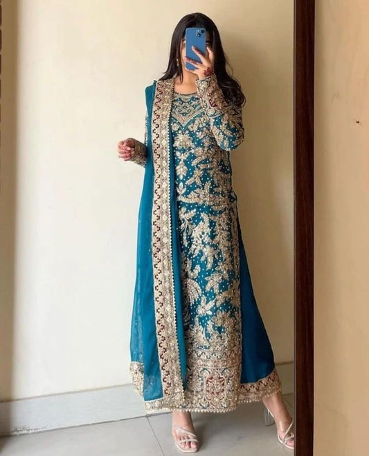 Captivating Heavy Embroidery Work Blue Color Palazzo With Dupatta Set