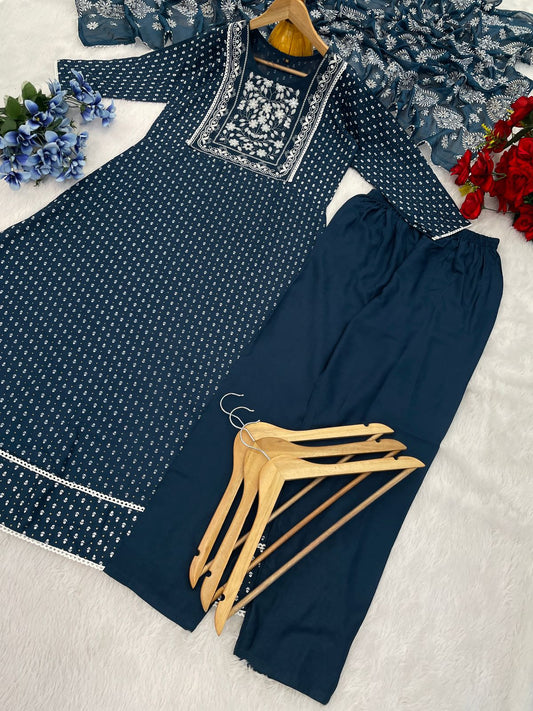 Charming Reyon With Foil Print Teal Blue Color Anarkali Suit