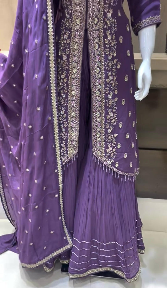 Demanding Purple Color Chinon Silk Sharara Suit