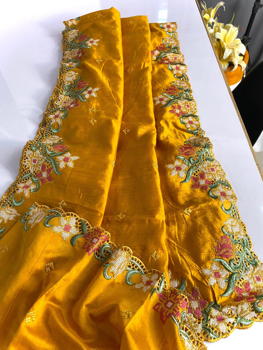 Wedding Wear Tussar Silk Yellow Color Saree