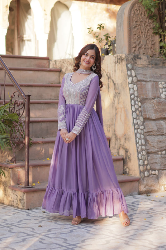Attractive Beads Sequins Work Lavender Color Gown