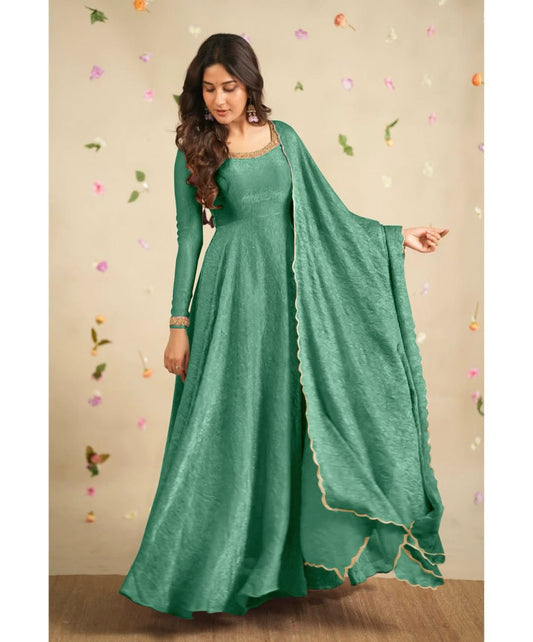 Delightful Embroidery Teal Blue Color Anarkali Gown with Dupatta