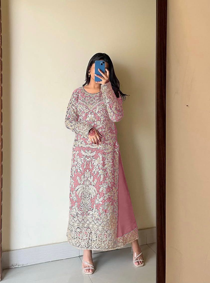 Captivating Heavy Embroidery Work Pink Color Palazzo With Dupatta Set