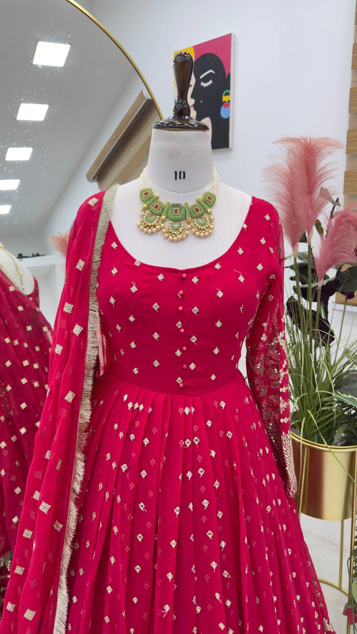 Charming Georgette Red Color Gown With Dupatta