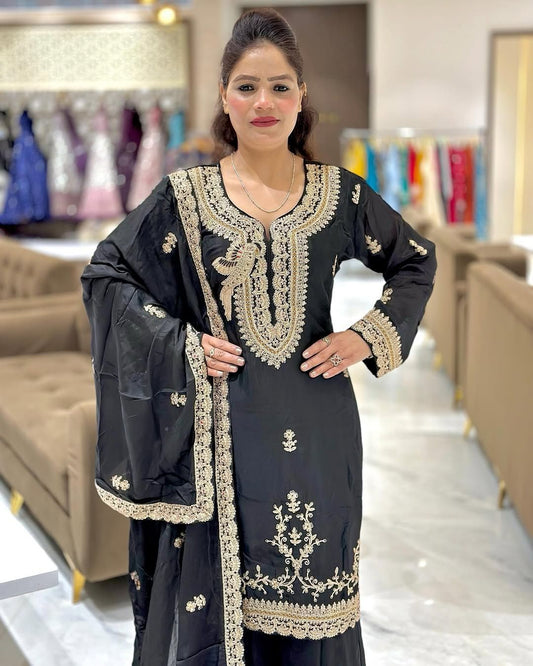 Outstanding Black Color Sequence Work Palazzo Suit