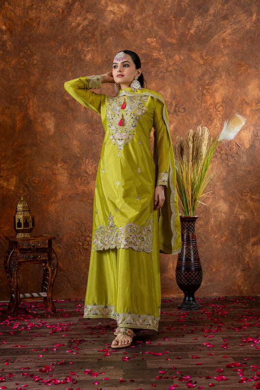 Outstanding Chinon Silk Perrot Green Color Color Palazzo Suit