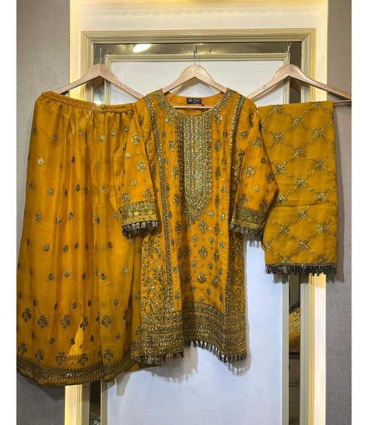 Look Designer Thread With Sequence Work Yellow Color Sharara Suit