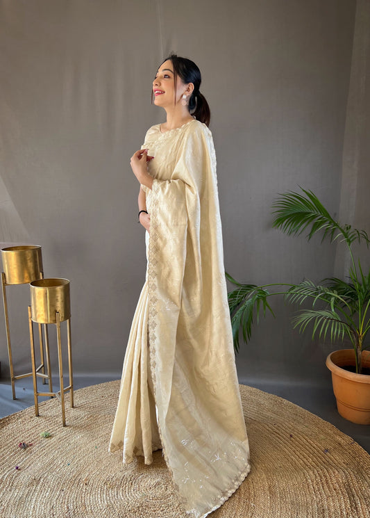 Ready To Wear Sequence With Cut Work Cream Color Saree