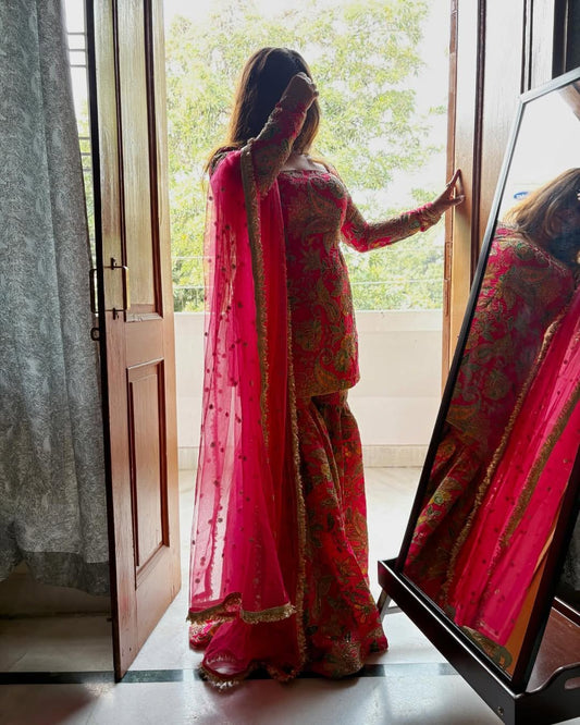 Delightful Embroidery Work Multi Pink Color Sharara Suit