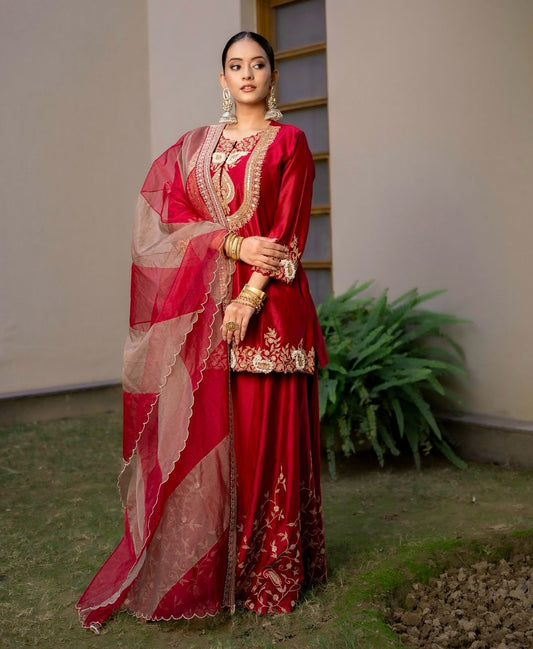 Preferable Heavy Red Color Sharara Suit