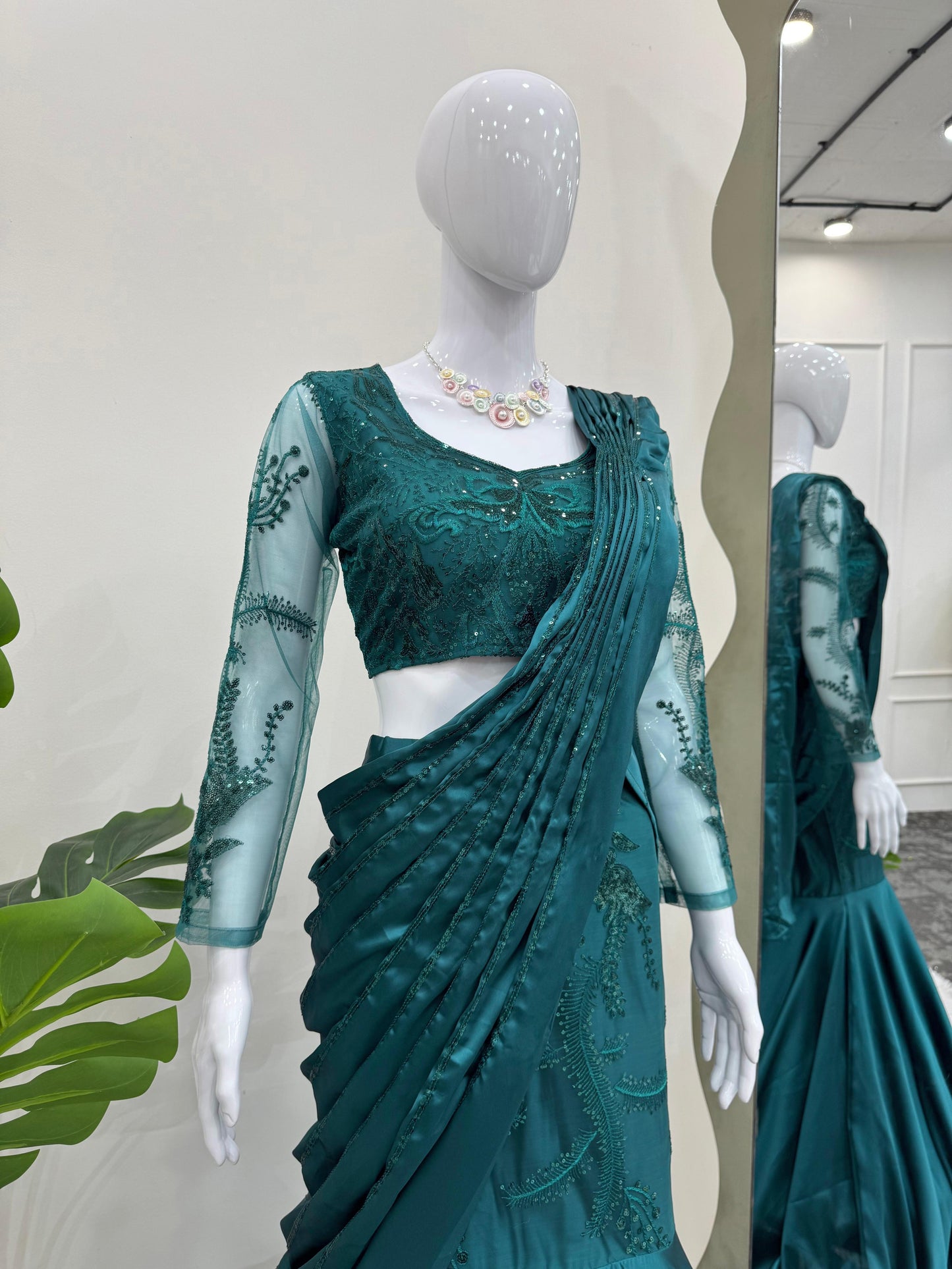 Exotic Japan Satin Teal Blue Color Lehenga Saree
