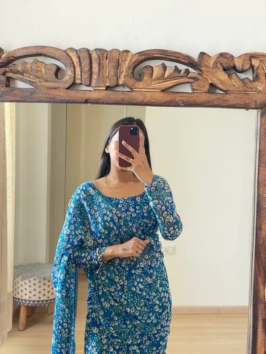 Delightful Digital Print Blue Color Ready To Wear Saree