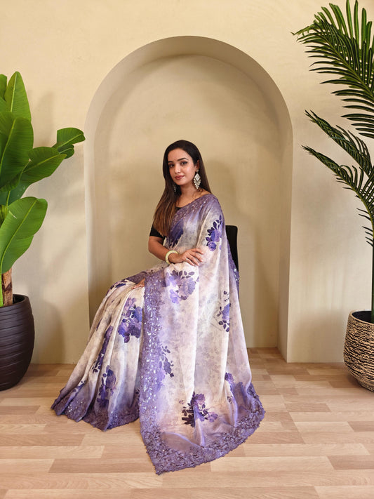 Casual Wear Purple Color Digital Print Organza Saree