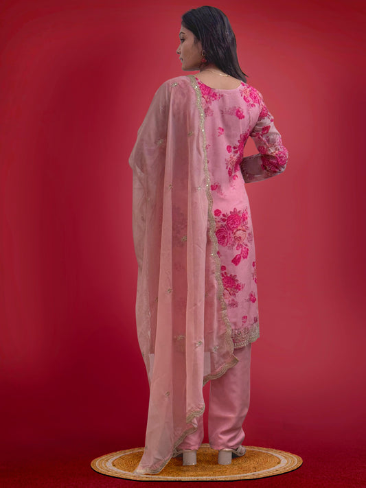 Flattering Sequence Heavy Stone Mirror Hand Work Pink Color Palazzo Suit