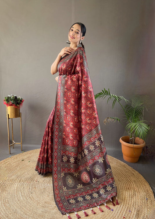 Opulent Red Color Digital Print Saree