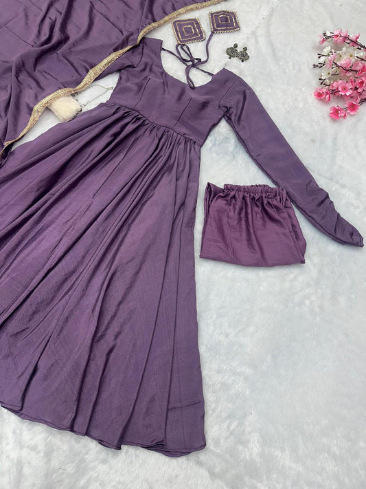 Peaceful Lavender Color Chinnon Silk Anarkali Gown
