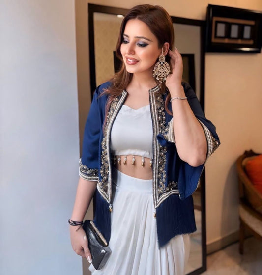 Stylish White Skirt With Blue Koti