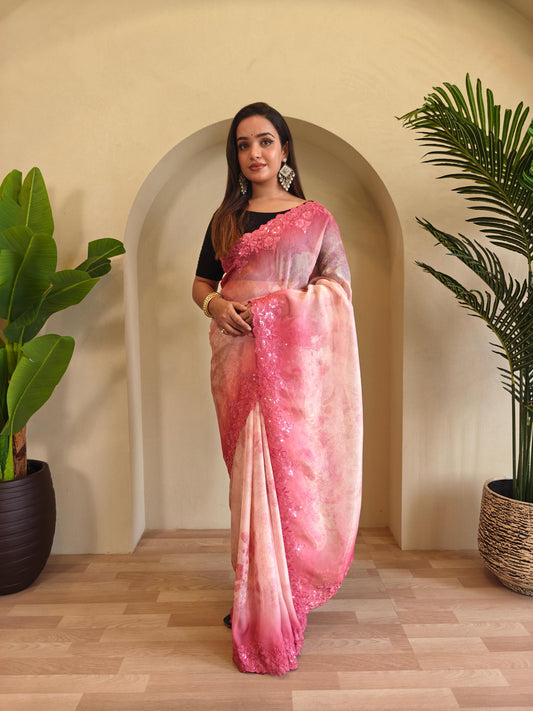 Casual Wear Pink Color Digital Print Organza Saree