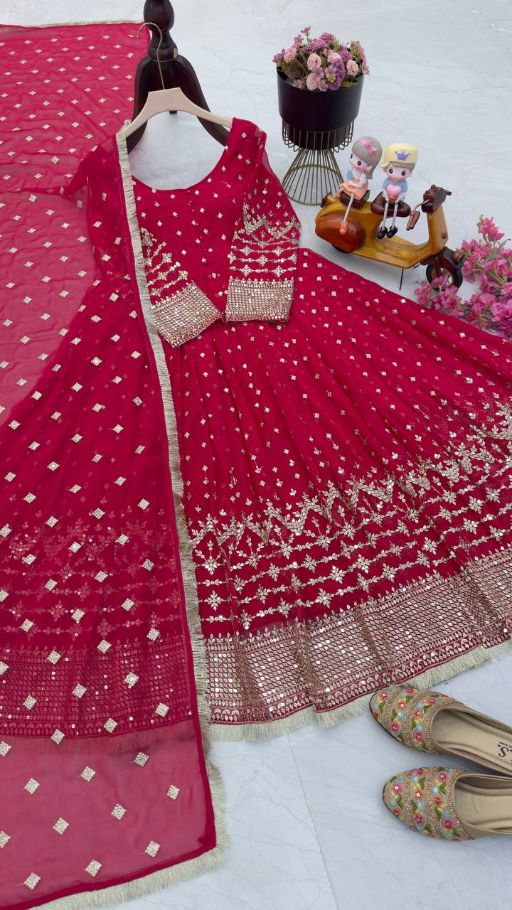 Charming Georgette Red Color Gown With Dupatta