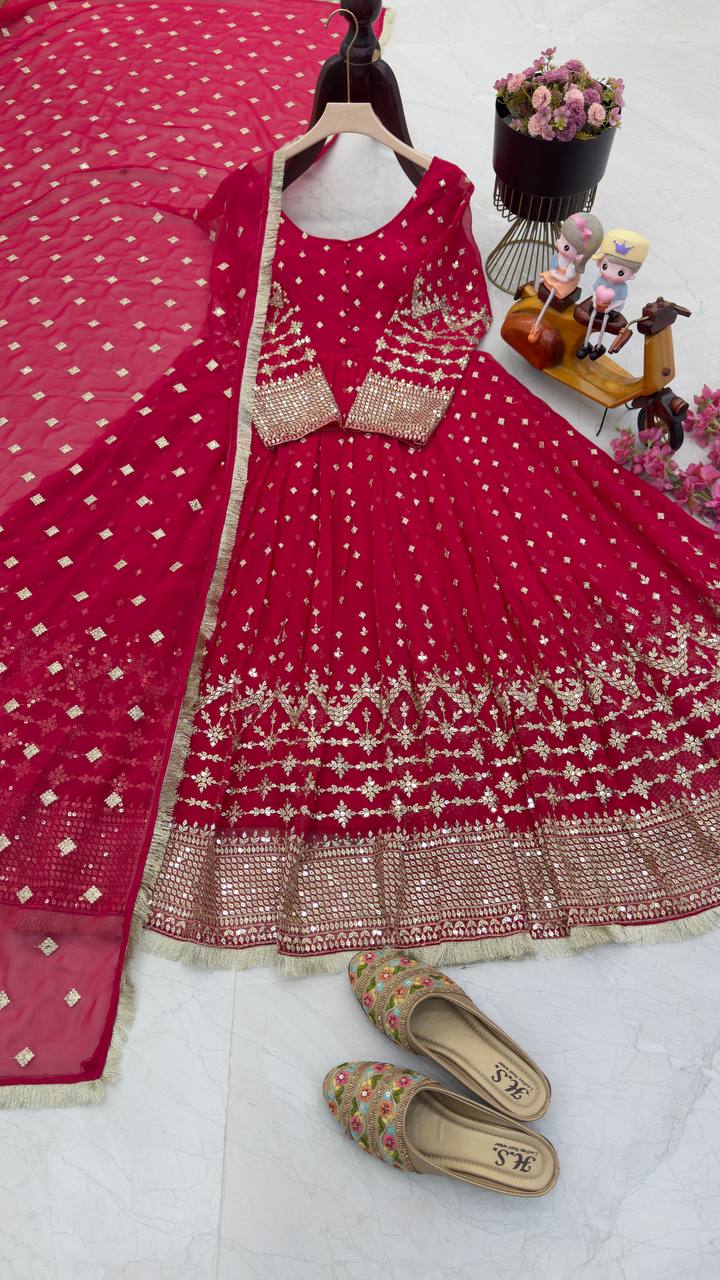 Charming Georgette Red Color Gown With Dupatta