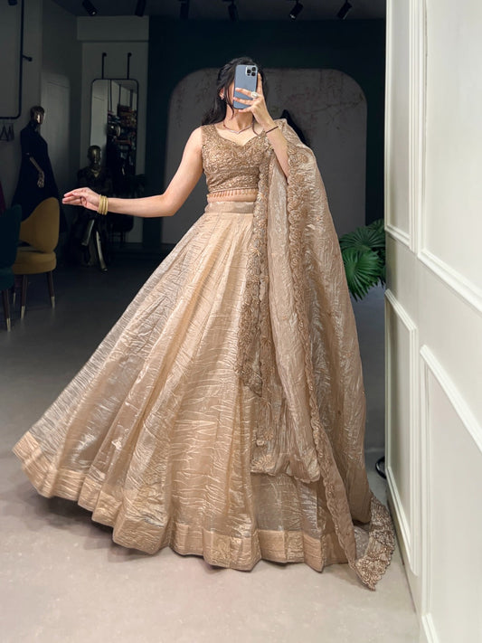 Marriage Special Gold Crush Beige Color Lehenga Choli