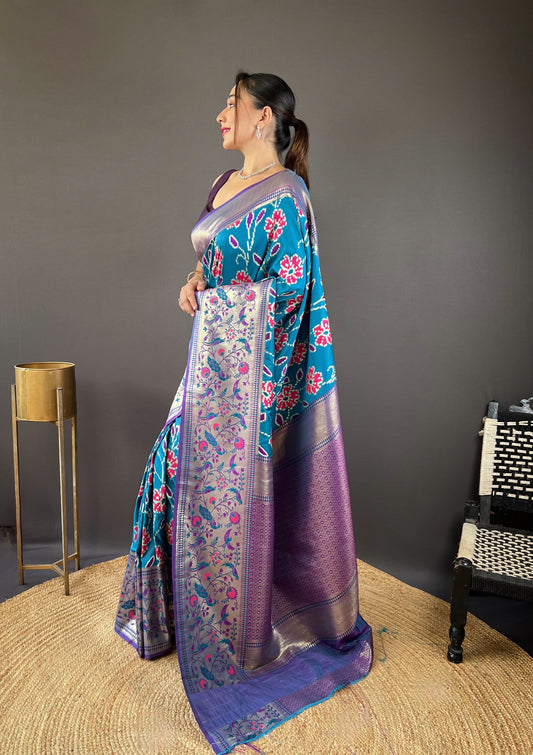Adorable Silk Patola Weaving Sky Blue Color Saree
