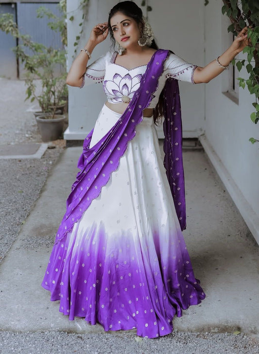 Demanding Chinon Digital Print White & Purple Color Lehenga Choli