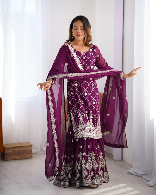 Adorable Georgette Thred Work Wine Color Sharara Suit