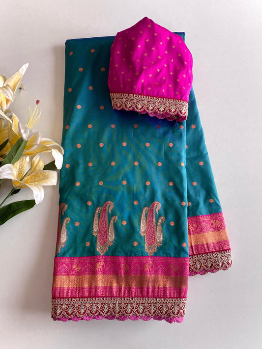 Peaceful Paithani Silk Teal Blue Color Saree
