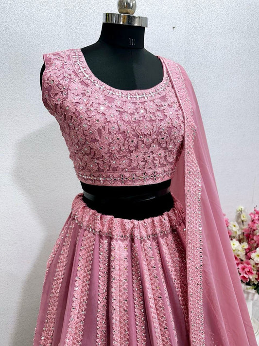 Wonderful Georgeet Embroidered Work Pink Color Lehenga Choli