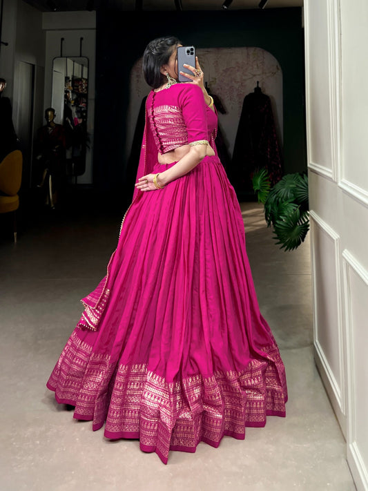 Party Wear Zari Weaving Work Pink Color Lehenga Choli