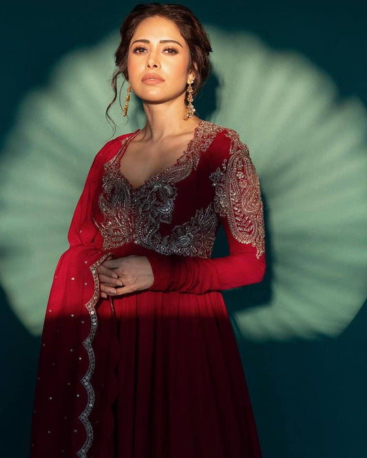 Fantastic Embroidery Work Red Color Gown