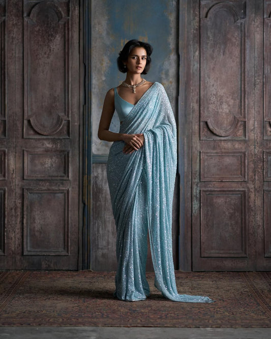 Bollywood Style Khichdi Embroidery Work Sky Blue Color Saree