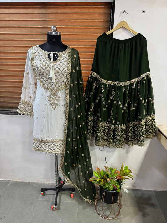 Fabulous Heavy Work White Color Suit With Mehndi Sharara