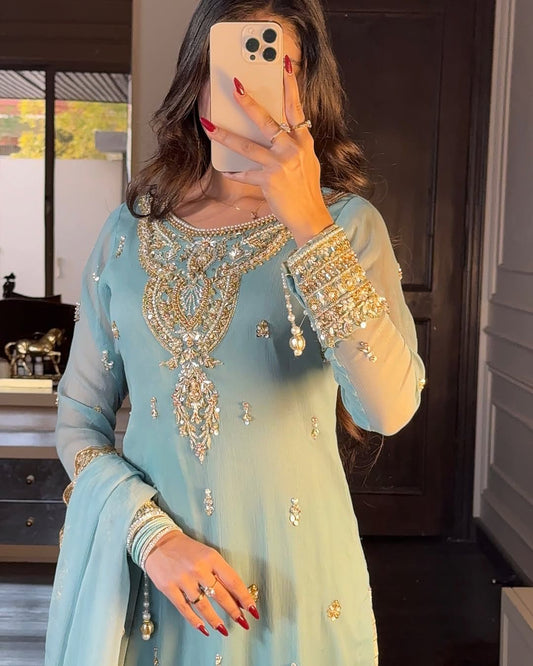 Wonderful Embroidery Work Sky Blue Color Sharara Suit