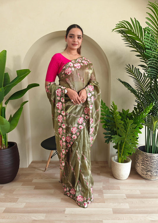 Delightful Crush Silk Mehndi Color Saree