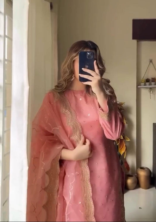 Adorable Roman Silk Peach Color Salwar Suit