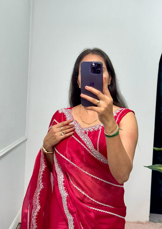 Peaceful Embroidery Zari Work Red Color Saree