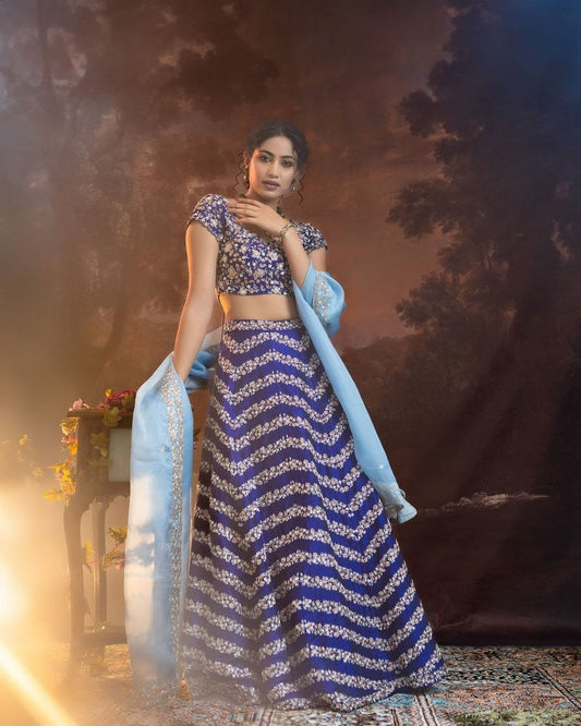 Glimmering Embroidery Work Blue Color Lehenga Choli