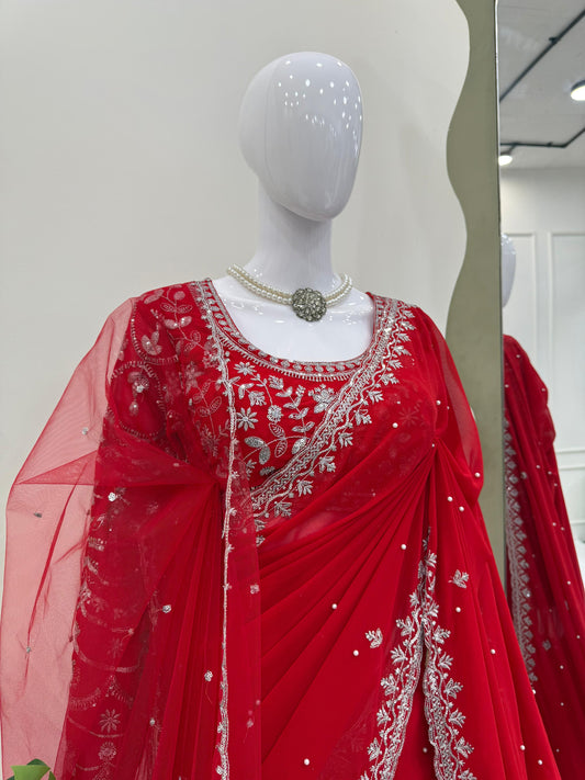Pearl Work Red Color Attractive Net Saree