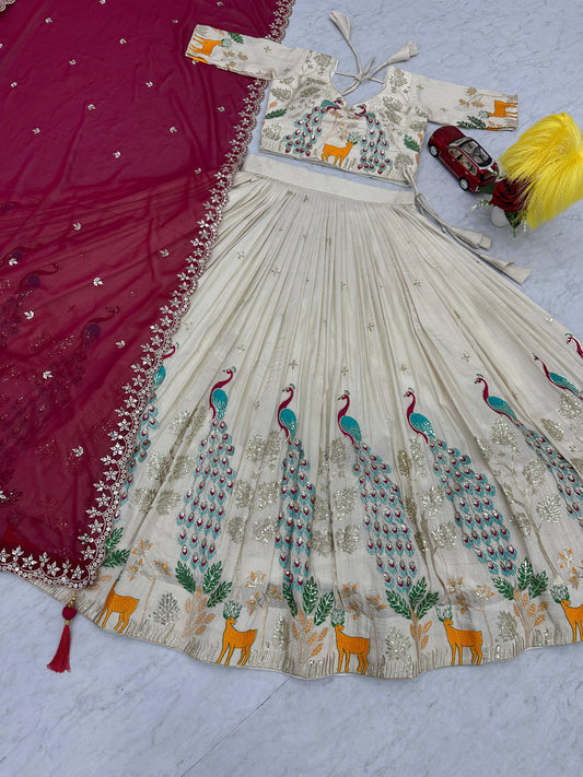 Pattern Wedding & Party Wear White Color With Red Dupatta Lehenga Choli