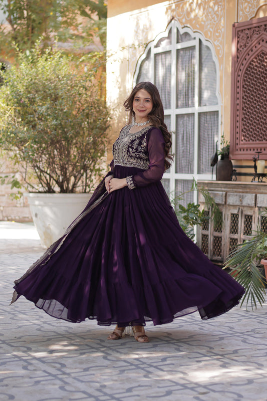 Awesome Embroidery Pearl Work Purple Color Gown