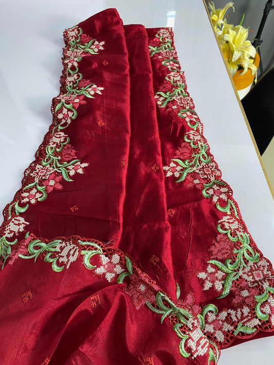 Wedding Wear Tussar Silk Red Color Saree